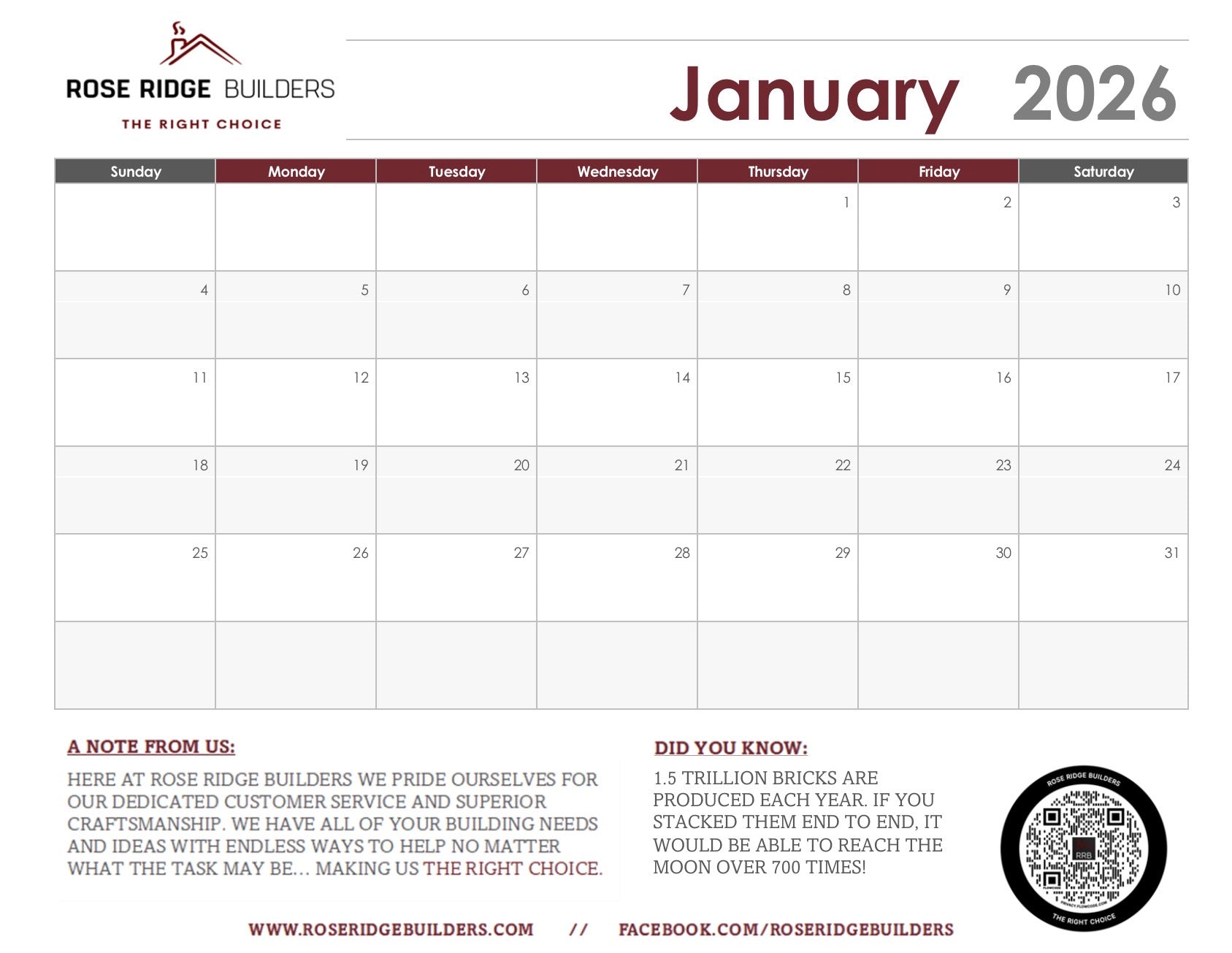 Rose Ridge Builders Yearly Calendar